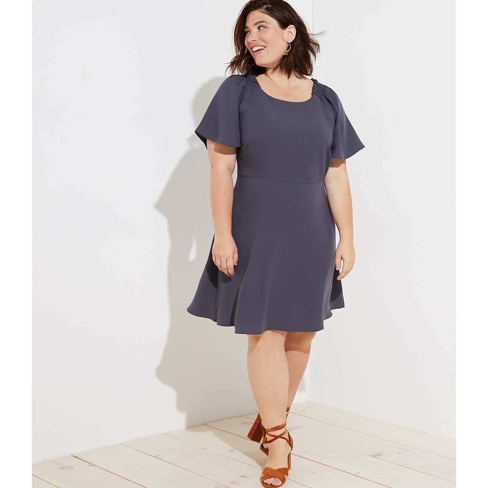LOFT 18 Grey Smocked Flare Sleeve Dress